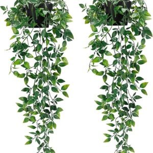 Artificial Hanging Plants,2 Pack Fake Hanging Plants with Pot,Greenery Faux Fake Ivy Decor, Fake Potted Plants for Home Decor Indoor Outdoor Wall Room Patio Office Table Shelf
