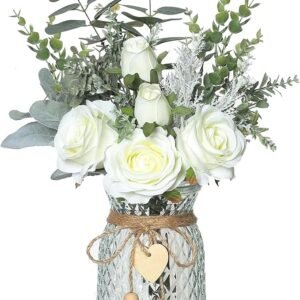 Floralsecret Faux Flowers with Vase Artificial White Rose Flowers in Vase Fake Eucalyptus Plant Floral Arrangement for Table Centerpieces, Baby Shower, Home Kitchen Office Coffee Shop Decorations