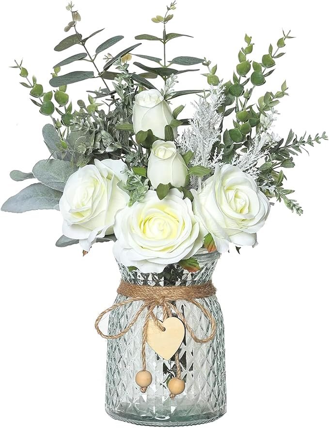 Floralsecret Faux Flowers with Vase Artificial White Rose Flowers in Vase Fake Eucalyptus Plant Floral Arrangement for Table Centerpieces, Baby Shower, Home Kitchen Office Coffee Shop Decorations