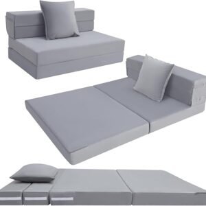 MeMoreCool Folding Mattress Double, High Density Foam Fold Out Sofa Chair Z Bed, Foldable Floor Futon Mattress, Floor Lounger Guest Sofa Bed Folding Couch for Sleeping, Car Tent, Travel