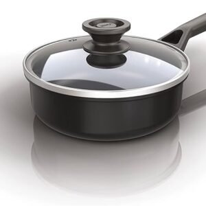Ninja ZEROSTICK Classic Cookware 16cm Saucepan, Non-Stick, Long Lasting Aluminium Saucepan, Induction Compatible, Oven Safe to 180°C, Glass Lid, Black CW50216UK