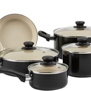 Amazon Basics Ceramic Non-Stick Pots and Pans, 11-Piece Cookware Set, PFOA- and PTFE-Free, Black/Cream