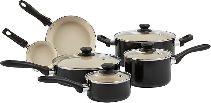 Amazon Basics Ceramic Non-Stick Pots and Pans, 11-Piece Cookware Set, PFOA- and PTFE-Free, Black/Cream