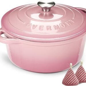 Overmont 26cm/5.2L Enamelled Cast Iron Round Casserole Pot With Lid Cookbook & Cotton Potholders - Non-stick Dutch Oven Cookware for Braising, Stews, Roasting, Bread Baking - Pink, 5.5QT