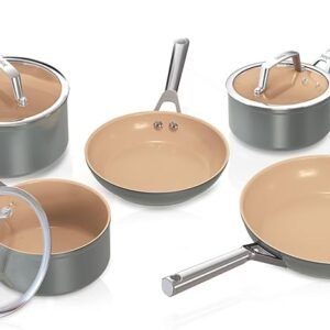 Ninja Extended Life 5-Piece Ceramic Cookware Set (20 & 24cm Frying Pans + 16, 18 & 20cm Saucepans & Lids), Non-Stick (No PFAs, PFOAs, Lead or Cadmium), Oven Safe 285°C, Terracotta/Grey, CW95000EUUKDB