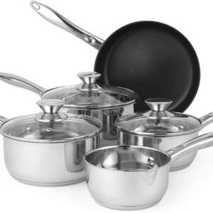 Russell Hobbs BW06572 5 Piece Pan Set - Classic Collection14/16/18/20/24 cm, Stainless Steel, Non-Stick, Suitable for Induction, Gas and Electric Hobs, Includes Tempered Glass Lids