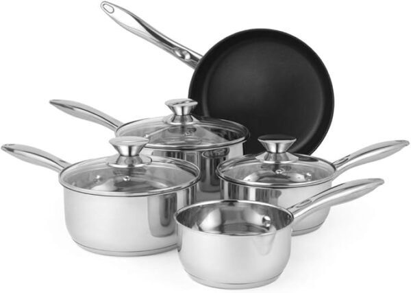 Russell Hobbs BW06572 5 Piece Pan Set - Classic Collection14/16/18/20/24 cm, Stainless Steel, Non-Stick, Suitable for Induction, Gas and Electric Hobs, Includes Tempered Glass Lids