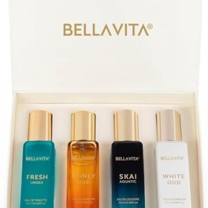BellaVita Luxury Unisex Cologne Gift Set (4x20ml) | Vanilla & Oud Fragrance Includes Honey OUD, SKAI, FRESH & White OUD | Mini Perfumes & Spicy Vanilla Perfume Oil | Travel Size Edition Perfume