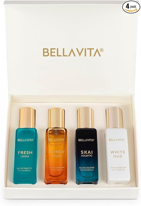 BellaVita Luxury Unisex Cologne Gift Set (4x20ml) | Vanilla & Oud Fragrance Includes Honey OUD, SKAI, FRESH & White OUD | Mini Perfumes & Spicy Vanilla Perfume Oil | Travel Size Edition Perfume