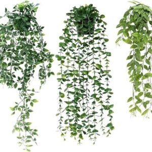 Mkitnvy 3 Stück Künstliche Hängepflanzen Eukalyptus, Kunstpflanze ,Pflanzen in Iebensechter Optik als Hängepflanze,Lang Wartungsfreie Efeu,für Garten Hochzeit Party Wanddekoration