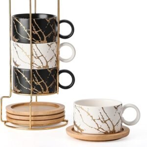 HOME DECOR Cappuccino Tassen Set - 4 x 160 ml Kaffeetassen mit Unterteller & Ständer - Edle Keramik Tassen für Espresso, Cappuccino und Latte - Marmor Kollektion