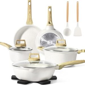GiPP Topfset 14-Teiliges, Granit Topf und Pfannenset mit Antihaftbeschichtung, 20+24+28cm Pfannen, 16+24cm Kochtopfset, Topfset Induktion Cookware Set mit Spatel+Löffel, für alle Herdarten, Weiß