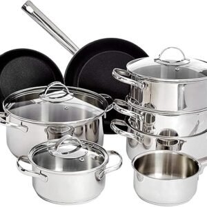 Amazon Basics 11 Stück Kochgeschirr-Set, Edelstahl, induktionsgeeignet, mit Deckeln, Silberfarben