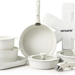 SENSARTE Weiß 17 Teiliges Topfset, Pfannenset Antihaft Kochgeschirr mit Abnehmbarem Griff, Topfset Induktion Geschirrspüler und Backofenfest, Gesundes Antihaft Wohnmobil Kochgeschirr, PFOA Frei