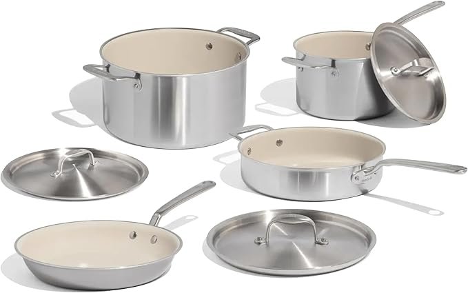 Made In Cookware – 7-teiliges Antihaft-Keramik-Topf- und Pfannen-Set – 5-lagig mit Edelstahl verkleidet – inklusive Suppentopf, Sautépfanne, Stielkasserolle und Bratpfanne – professionelles