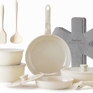 Redchef Topfsets Pfannenset 16-Teilig Antihaft-Keramik-Kochgeschirr-Set mit Abnehmbaren Griffen, Pfanne 20/26cm, Tiefe Bratpfanne 26cm, Topf 18/20cm, Stapelbar Topfset Für alle Herdarten, Ofenfest