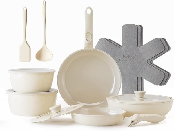 Redchef Topfsets Pfannenset 16-Teilig Antihaft-Keramik-Kochgeschirr-Set mit Abnehmbaren Griffen, Pfanne 20/26cm, Tiefe Bratpfanne 26cm, Topf 18/20cm, Stapelbar Topfset Für alle Herdarten, Ofenfest
