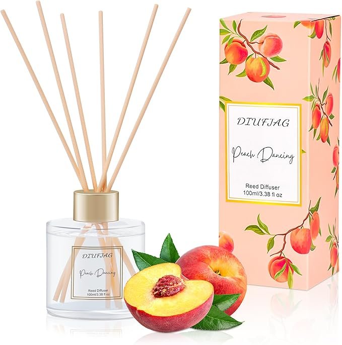 Badezimmer Duft Raumduft Diffuser Mit 6 Duftstäbchen 100ml - Pfirsich,Aromatherapie Diffusor,Natürlich,Home Duft Reed Diffusor Lufterfrischer für Schlafzimmer Büro Regal Dekor