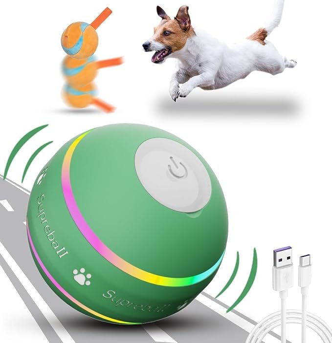 Petiepaw Interaktives Hunde Ball Spielzeug, Strapazierfähiger Automatisch Rollender Ball für Welpen/Kleine/Mittlere Hunde, USB Wiederaufladbar (Grün)