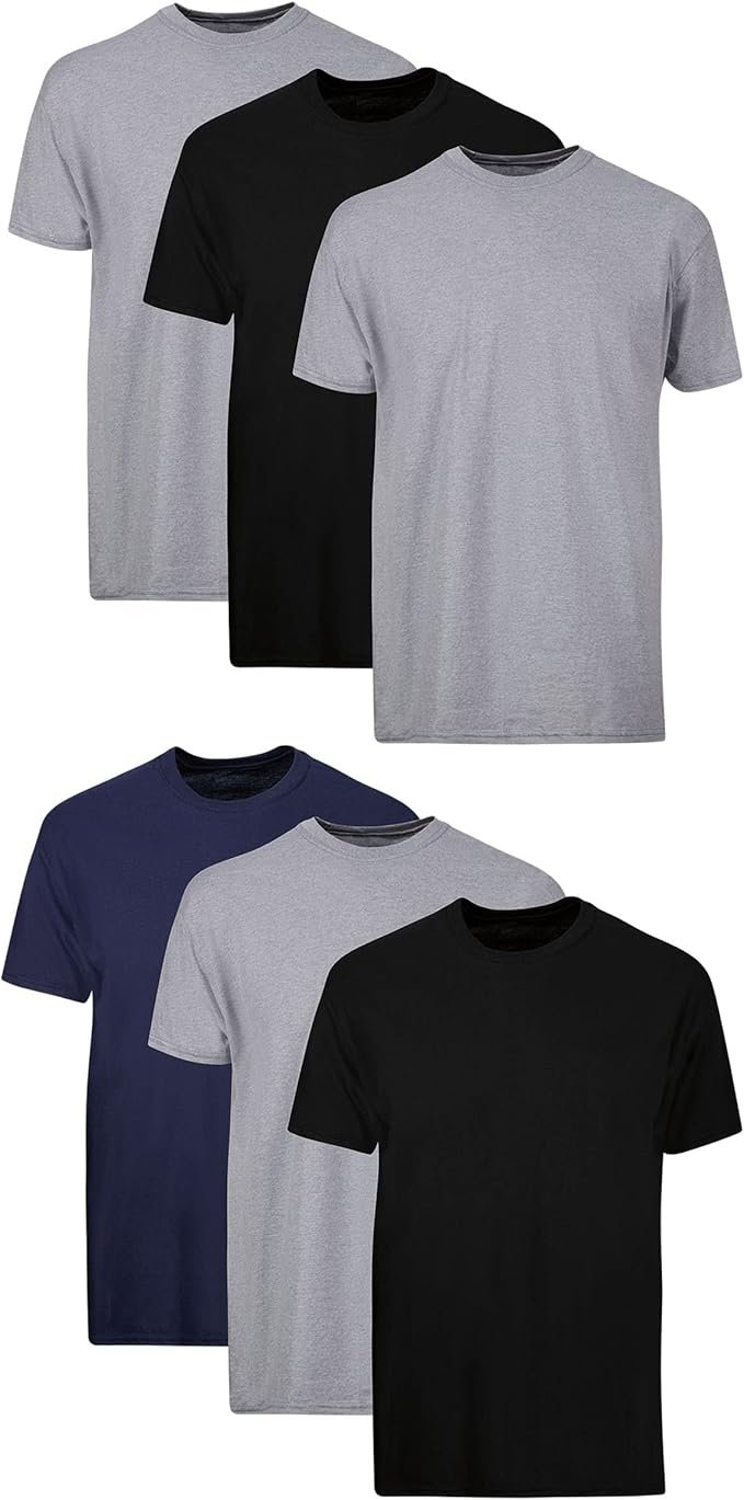 Hanes Mens Cotton, Moisture-wicking Crew Tee Undershirts, Multi-packs, Black/Grey/Blue Assorted - 6 Pack, Medium US