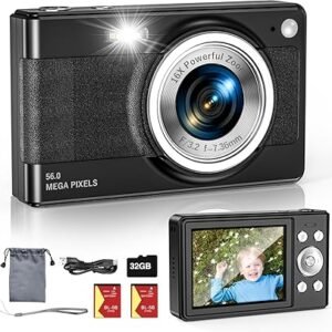 Upgrade Digital Camera, 56MP FHD 1080P 16X Kids Digital Zoom Camera, 32GB TF Card, Portable Mini Camera with 2 Batteries, Lanyard, Compact Small Camera for Kids Boys Girls（Black）