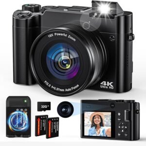 Digital Camera, 4K 64MP Camera for Photography Autofocus Selfie Camera, Vlogging Camera for Youtube with Anti-shake Flash Light 16X Digital Zoom 32G Memory Card