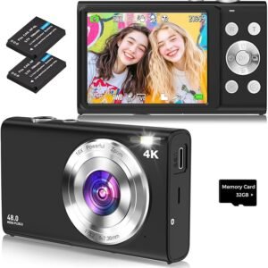 Digital Camera, 4K Autofocus Compact Camera with 32G SD Card HD 48MP with 2.8" Large Screen, 16X Digital Zoom, Portable Mini Camera for Photography, Suitable for Kids,Adult,Beginners（Black）