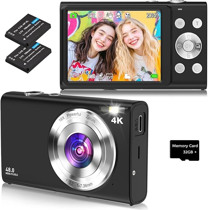 Digital Camera, 4K Autofocus Compact Camera with 32G SD Card HD 48MP with 2.8" Large Screen, 16X Digital Zoom, Portable Mini Camera for Photography, Suitable for Kids,Adult,Beginners(Black)