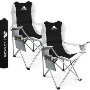 Voyager Folding Camping Chairs 2 Pack with Cooler Bag, Lightweight Q195 Steel Frame, 600D Oxford Fabric, Portable & Comfortable - Black (Black, Padded)