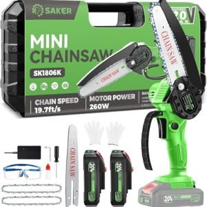 Saker Electric Mini Chainsaw 6 Inch Cordless Handheld Chainsaw Battery Powered Saw Suitable for Cutting Wood Trimming,Woodworking,Green 2 Batteries