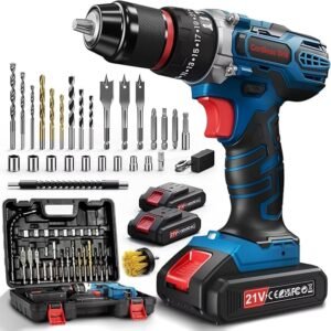 FAHEFANA 21V Cordless Hammer Drill with 2 Batteries 2.0Ah, 25+3 Torque, 2-Speed Electric Impact Screwdriver Set, LED Light Combi Drill for Home and Garden