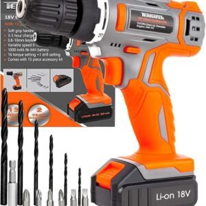 Terratek Cordless Drill Driver 18V Lithium-Ion, 13Pc Electric Screwdriver Set, LED Work Light, Electric Drill Quick Change Power Drill Battery and Charger Included