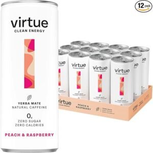 Virtue Yerba Mate - Natural Energy Drink - Sugar Free, Zero Calories, Vegan, Keto Friendly, Gluten Free - 12 x 250ml (Peach & Raspberry)