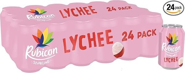 Rubicon 24 Pack Sparkling Lychee Flavoured Fizzy Drink with Real Fruit Juice, Handpicked Fruits for a Temptingly Intense Taste "Made of Different Stuff" - 24 x 330ml Cans (packaging may vary)