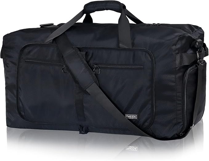 Fmeida 65L Foldable Travel Duffle Bag, Lightweight Waterproof Weekend Luggage with Shoes Compartment, Large Overnight Holdall Tote, Black