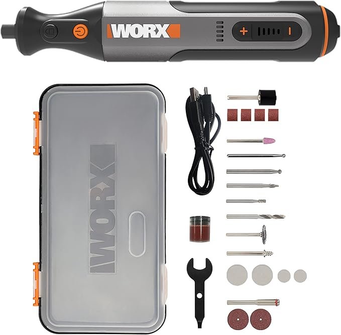 WORX 8V WX106 Multifunktionswerkzeug mit 23 Zubehörteilen, anpassbarer Drehzahleinstellung von 5000 bis 28000 U/min, 3,2 mm Abmessung, USB-Aufladung zum Schleifen, Gravieren, Schneiden, Bohren usw