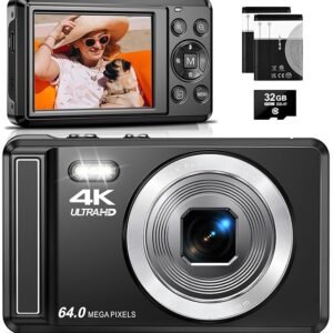 4K Digitalkamera, 64MP 2.8“ UHD Kompaktkameras - Autofokus Wiederaufladbare Vlogging Kamera mit 32GB Karte & 2 Akkus, Tragbare Reisekameras mit 16X Digitalzoom für Kinder Anfänger Jugendliche