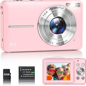 Digitalkamera 1080P Fotokamera 44MP Kamera Fotoapparat Tragbare Kompaktkamera mit 2,4" LCD Bildschirm, 16X Digitalzoom, 32G Micro Speicherkarte, 1 Akku für Kinder Teenager Student Anfänger-Rosa