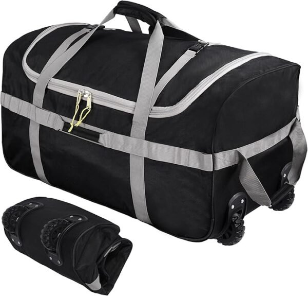 campMax 120L Reisetasche Faltbare mit Rollen Große, Klappbare Große Trolley Sporttasche mit Rollen für Reise Camping Ausrüstung,Schwarz