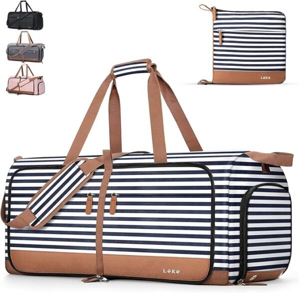 Lekesky Reisetasche Damen 60L Faltbare Reisetasche Weekender Sporttasche mit Schuhfach, wasserdichte Handgepäck Tasche/Sporttasche/Krankenhaustasche (Blau Gestreift)