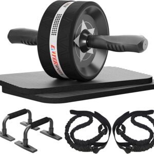 EnterSports Bauchroller, 6-in-1 Bauchtrainer mit Fitnessband, Liegestütze, Kniematte, Fitness Geräte Bauchmuskeltrainer ab wheel set, ideal für Männer und Frauen zu Hause zu trainieren