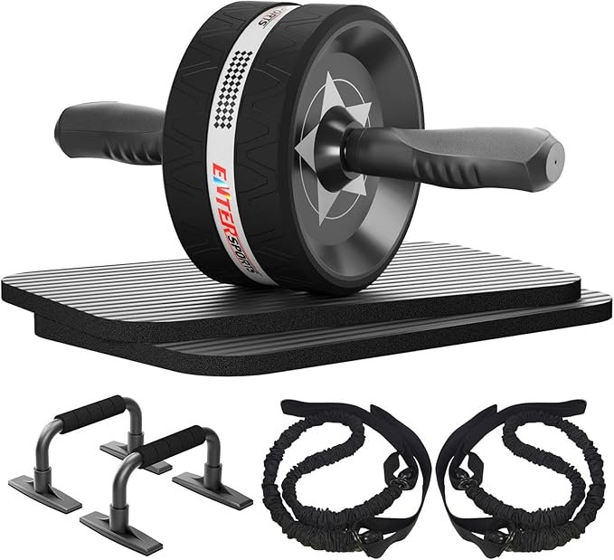 EnterSports Bauchroller, 6-in-1 Bauchtrainer mit Fitnessband, Liegestütze, Kniematte, Fitness Geräte Bauchmuskeltrainer ab wheel set, ideal für Männer und Frauen zu Hause zu trainieren