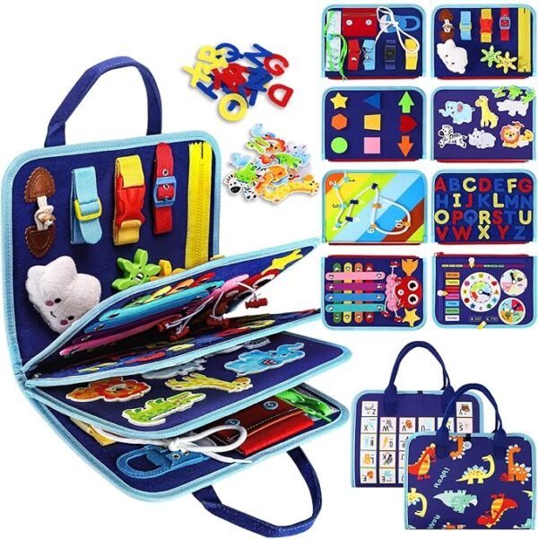 Esjay Busy Board Montessori Spielzeug ab 1 2 3 4 Jahre Kleinkinder, Activity Board Motorikspielzeug, Geschenk Junge Mädchen, Baby Lernspielzeug Grundkenntnisse, Motorikbrett für Reise Auto Flugzeug