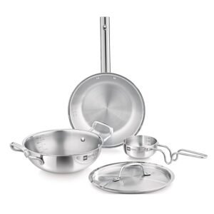 Bergner BE Essentials TriPly 4 Pcs Cookware Set, Kadai 22cm/2 L, Fry Pan 22cm/1.1 L, Tadka Pan 10cm, 1 Stainless Steel Lid Suitable for Kadai and frypan, Cool Touch Comfort Grip Handle, Silver