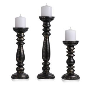 Wooden Candle Holder Stand with 3 Free Candles for Home & Table Decoration Best Handmade Gift for Christmas, Diwali, Ramzan, Living, Dining, Pooja, Bedroom, Kitchen Black & Gold 15” 12” 9”