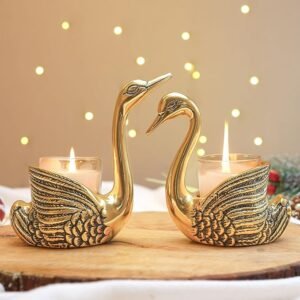 BEHOMA Aluminium Pair of Swans for Good Luck and Love | Candle Holder for Home Decor Tabletop Living Room | Showpiece for Gifting Anniversary Valentine's Day (Candles/Plants Etc Not Included), Gold