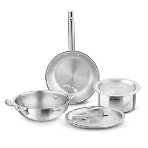 Bergner Tripro Triply Stainless Steel Cook Serve N Keep 5 Pcs Cookware Set - 24cm/3L Kadai with Lid, 22cm/1.5 L Frypan, 16cm/2 L Tope with Lid, Event Heating, Less Oil Use - Induction and Gas Ready