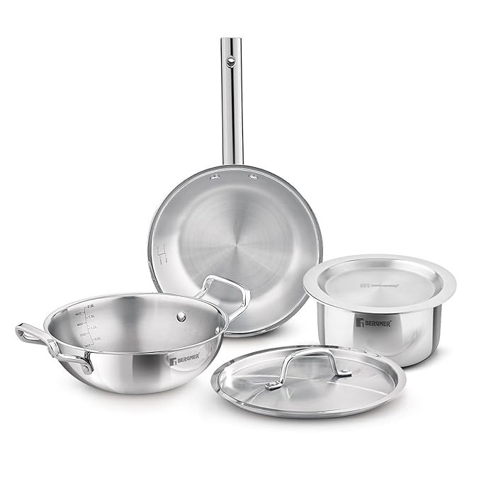 Bergner Tripro Triply Stainless Steel Cook Serve N Keep 5 Pcs Cookware Set - 24cm/3L Kadai with Lid, 22cm/1.5 L Frypan, 16cm/2 L Tope with Lid, Event Heating, Less Oil Use - Induction and Gas Ready
