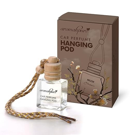Aromahpure Premium Car Perfume Hanging Pod |10 ML | Classic Musk Fragrance Car Air Freshener | Natural Essential Fragrance Oils in Glass Bottle with Wooden Diffuser Lid | Long Lasting upto 60 days