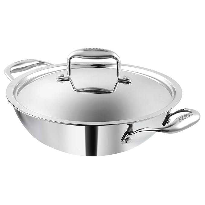 Vinod Platinum Triply Stainless Steel Kadai with lid 2.5 Litre (24 cm Dia) | 2.5mm Thick | 3 Layer Stainless Steel Cookware | 5 Year Warranty | Induction & Gas Base | Heavy Base Visit the Vinod Store